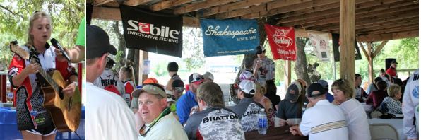 A group of people are sitting under a tent.