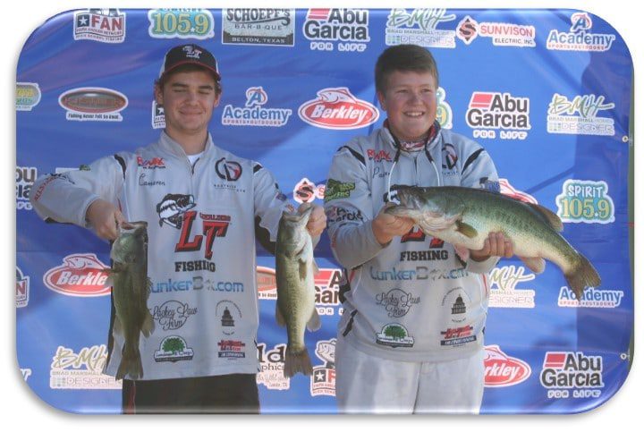 Two young men holding up their bass in front of a blue banner.