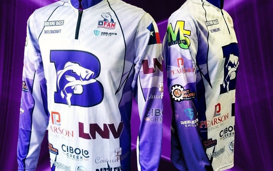 A white and purple long - sleeved fishing shirt.