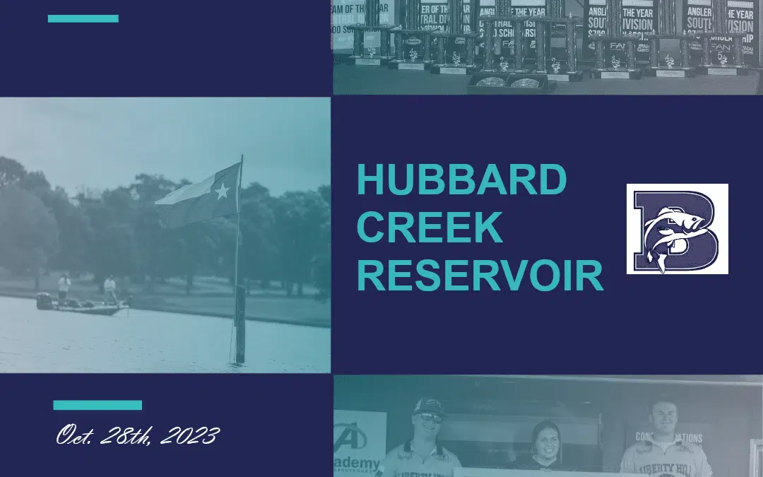 A blue and white photo of the hubbard creek reservoir.