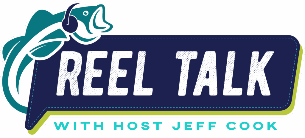 Logo: Reel Talk with fish illustration.